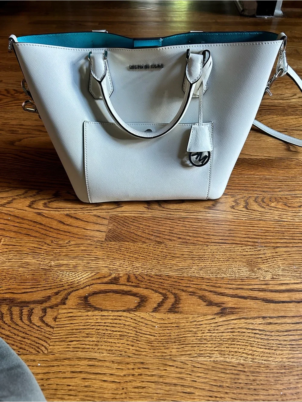 Michael Kors White Saffiano Leather Tote with Blue Interior Trim